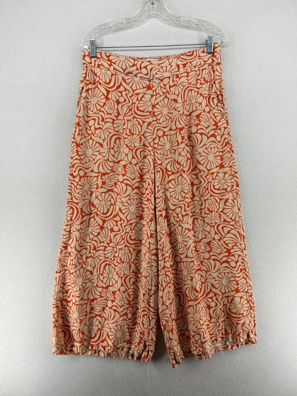 RACHEL ZOE Pants L Linen Cropped Palazzo Culotte Floral Elastic Waist Orange